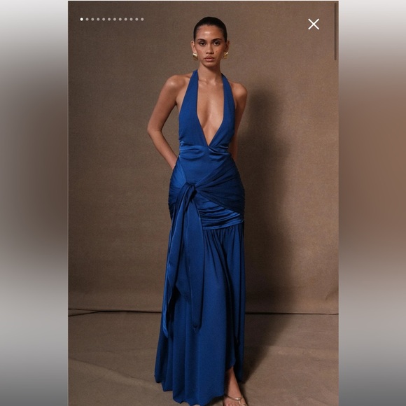 Meshki Graziana Satin Chiffon Plunge Maxi Dress in Cobalt Blue - Picture 2 of 5